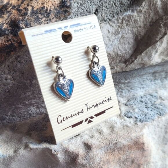 New! Genuine Turquoise Heart Engraved Dangle Earrings - Picture 3 of 3